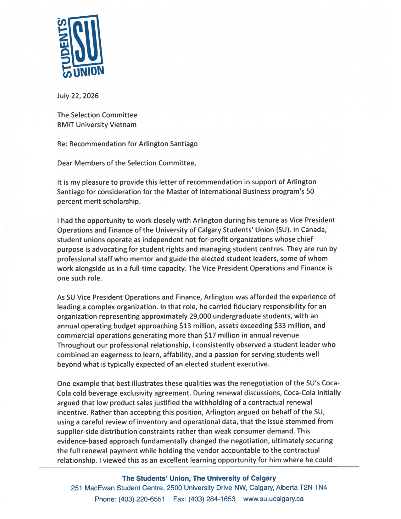 Letter of recommendation from Jason Morgan, General Manager, University of Calgary Students' Union, page 1