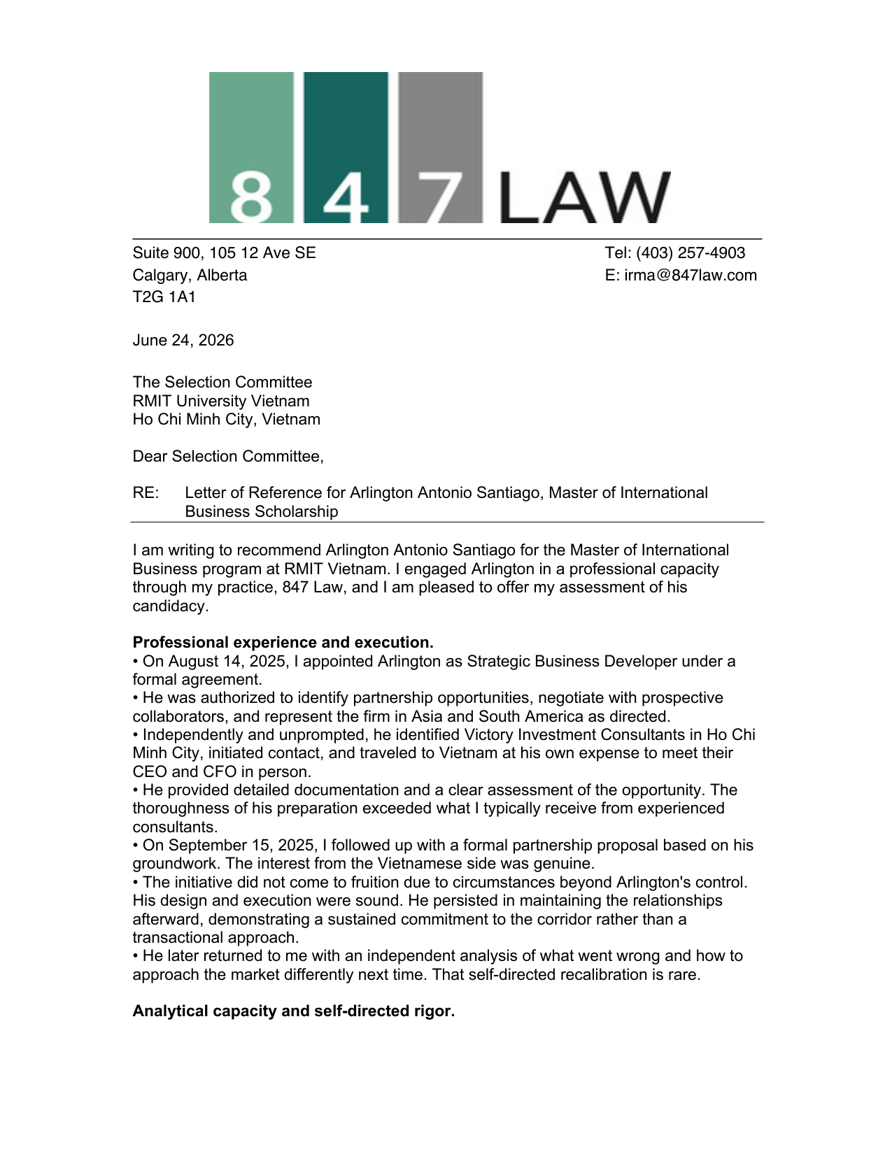 Letter of recommendation from Irma Roberts, Barrister & Solicitor, 847 Law, page 1