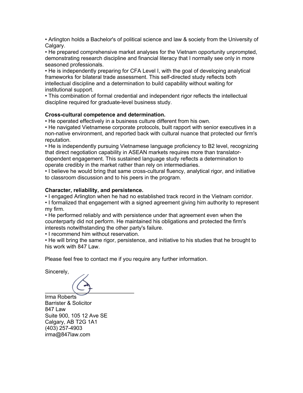 Letter of recommendation from Irma Roberts, page 2, signed